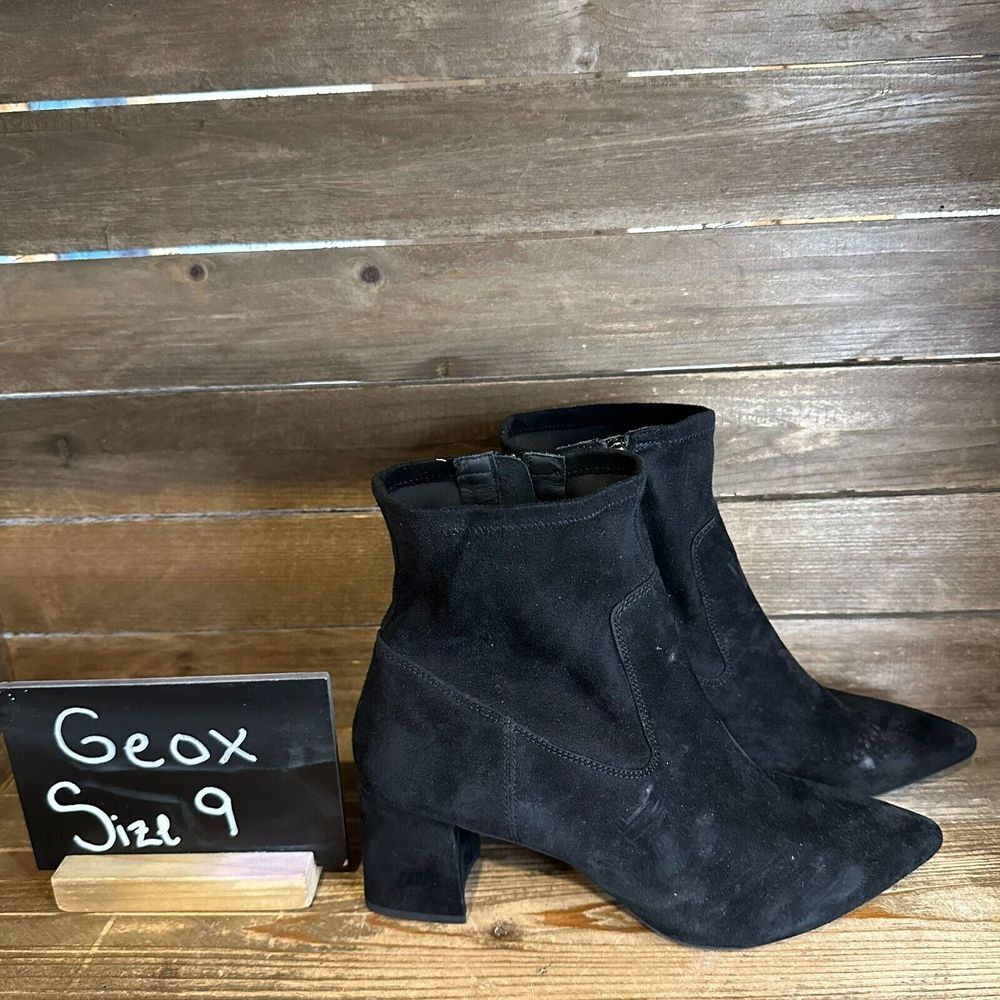 Womens Geox D16NME‎ Black Suede Boots Side Zip Pointed Toe Solid Mid Top Size 9